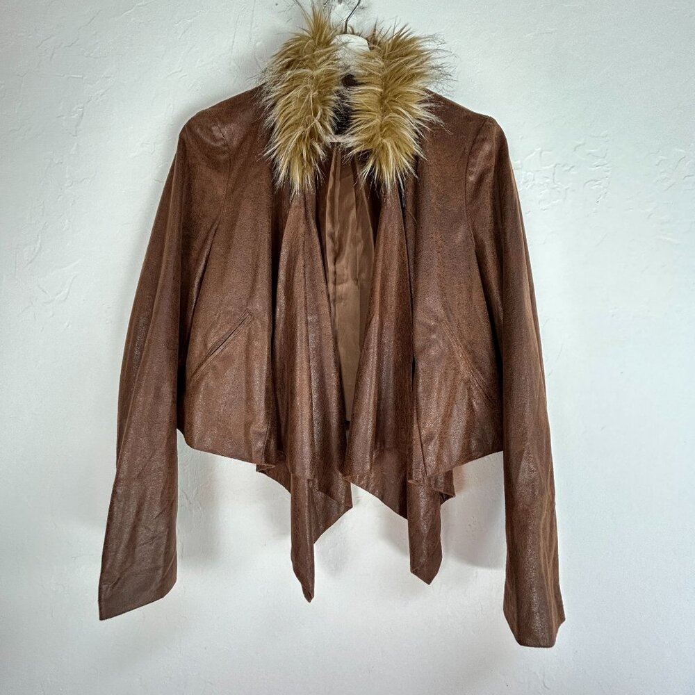 INC International Concepts Faux Leather Fur Collar Waterfall Jacket Medium Brown